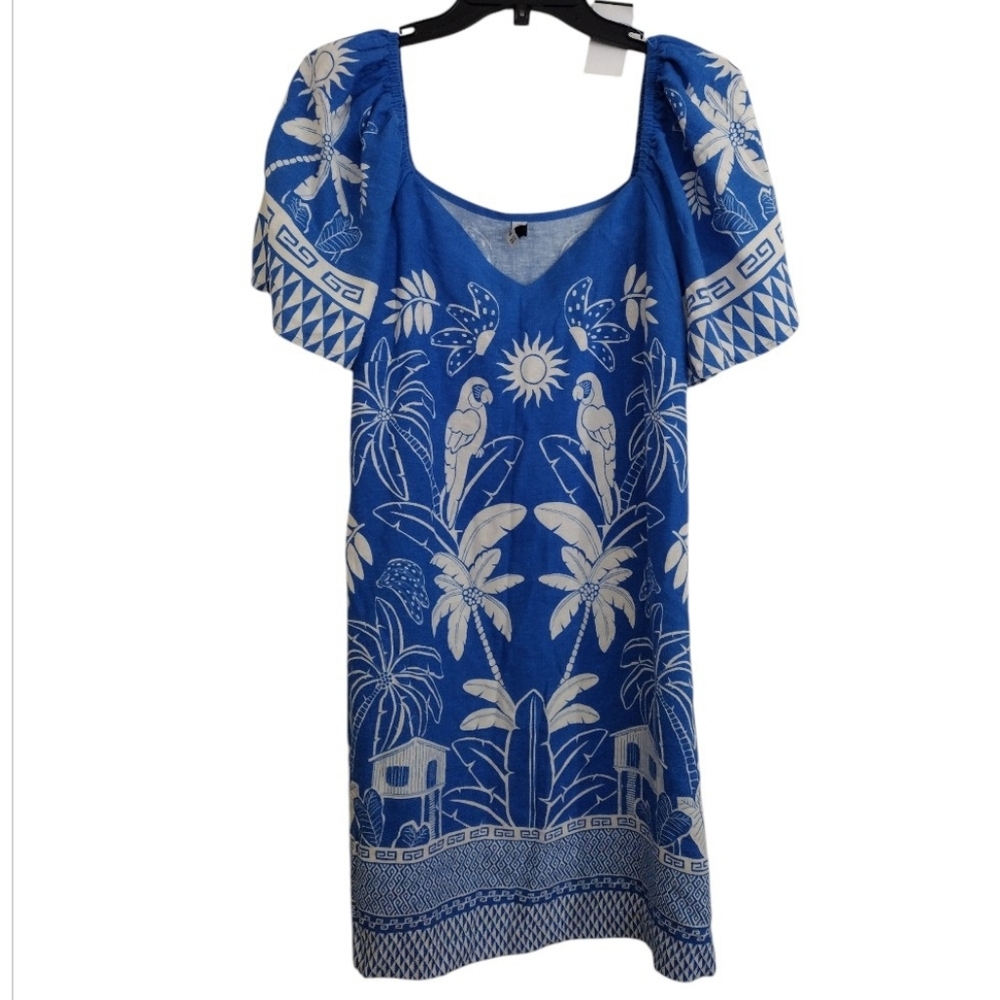 BlueSteel Blue And White Tropical Print Dress Size Medium